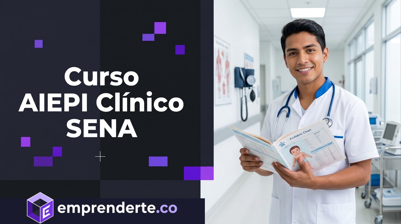 Curso AIEPI Clínico SENA — estudiante de enfermería latinoamericano en entorno clínico, revisando historia pediátrica. Formación virtual gratuita en atención integrada a enfermedades prevalentes de la infancia.