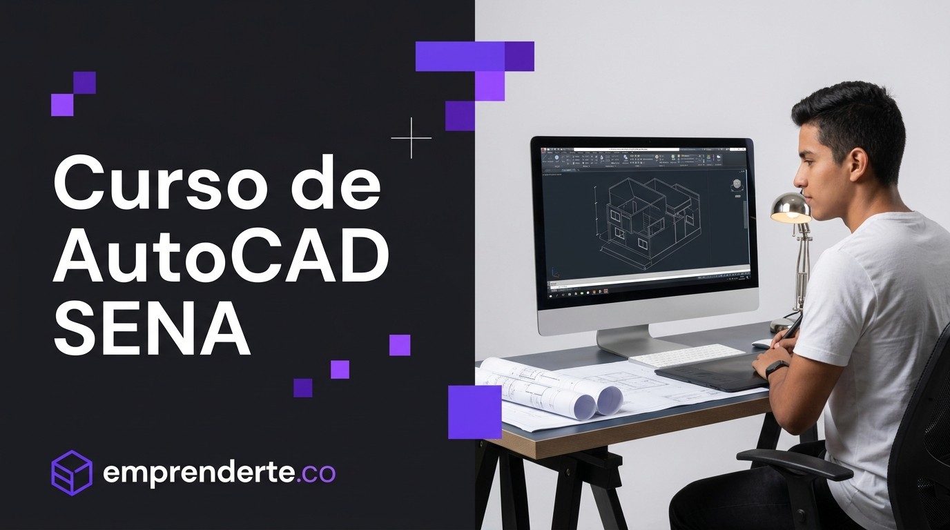 Curso de AutoCAD SENA. Estudiante latino joven en escritorio con monitor grande mostrando software AutoCAD con dibujo técnico 3D y planos arquitectónicos, tableta digital y lámpara de escritorio. Imagen destacada para artículo educativo sobre el curso virtual gratuito de AutoCAD del SENA.
