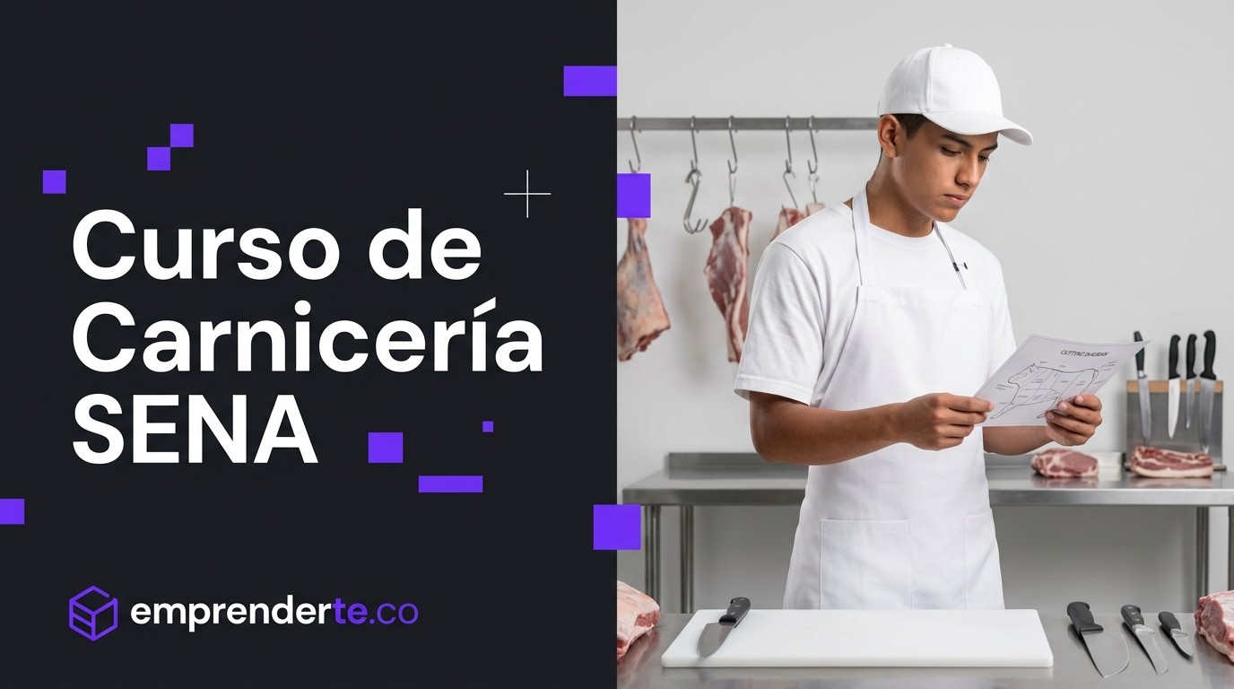 Curso de Carnicería SENA. Estudiante latino joven con delantal y gorro profesional en carnicería limpia y moderna con mesa de acero inoxidable y herramientas de corte profesionales. Imagen destacada para artículo educativo sobre el curso virtual gratuito de Carnicería del SENA.
