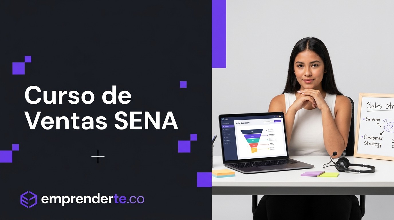 Curso de Ventas SENA: Virtual y Gratuito 3 Curso de Ventas SENA. Joven estudiante latina en escritorio con laptop mostrando CRM y funnel de ventas, audífonos para customer service y notas adhesivas de estrategia comercial. Imagen destacada para artículo educativo sobre el curso virtual gratuito de Ventas del SENA.