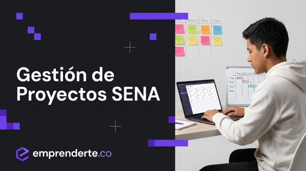 Curso Gestión de Proyectos SENA: Virtual y Gratuito 3 Curso Gestión de Proyectos SENA. Estudiante latino joven en entorno de estudio de gestión de proyectos con laptop y tablero Kanban en diseño moderno estilo corporativo. Imagen destacada para artículo educativo sobre el curso virtual gratuito de Gestión de Proyectos del SENA.
