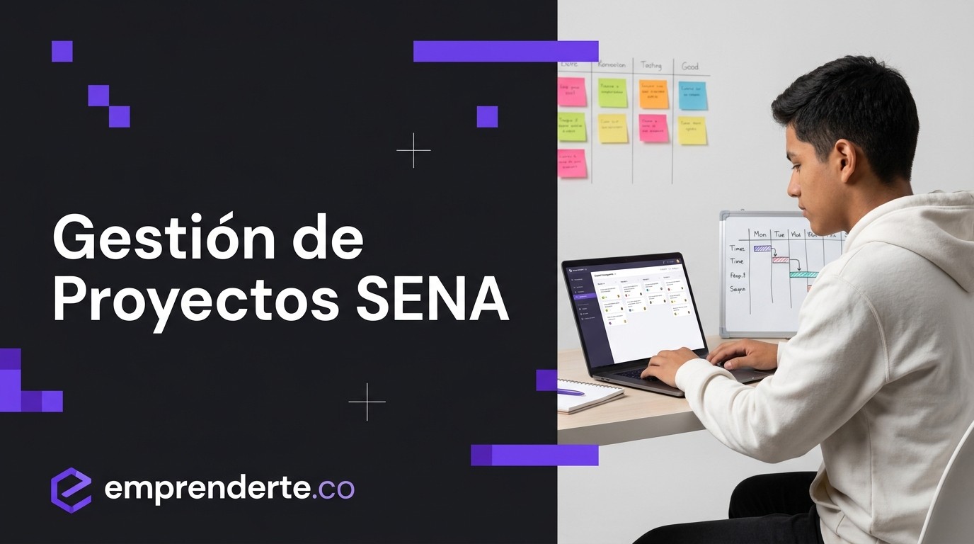 Curso Gestión de Proyectos SENA: Virtual y Gratuito 4 Curso Gestión de Proyectos SENA. Estudiante latino joven en entorno de estudio de gestión de proyectos con laptop y tablero Kanban en diseño moderno estilo corporativo. Imagen destacada para artículo educativo sobre el curso virtual gratuito de Gestión de Proyectos del SENA.