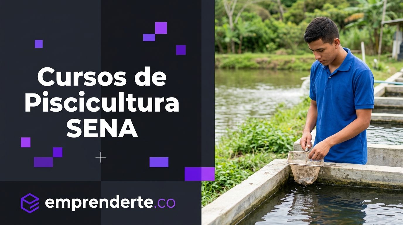 Cursos de Piscicultura SENA. Estudiante latino joven en entorno real de granja piscícola al aire libre con tanques de acuicultura, sosteniendo herramienta de control de agua en paisaje tropical colombiano. Imagen destacada para artículo educativo sobre los cursos virtuales gratuitos de Piscicultura del SENA.